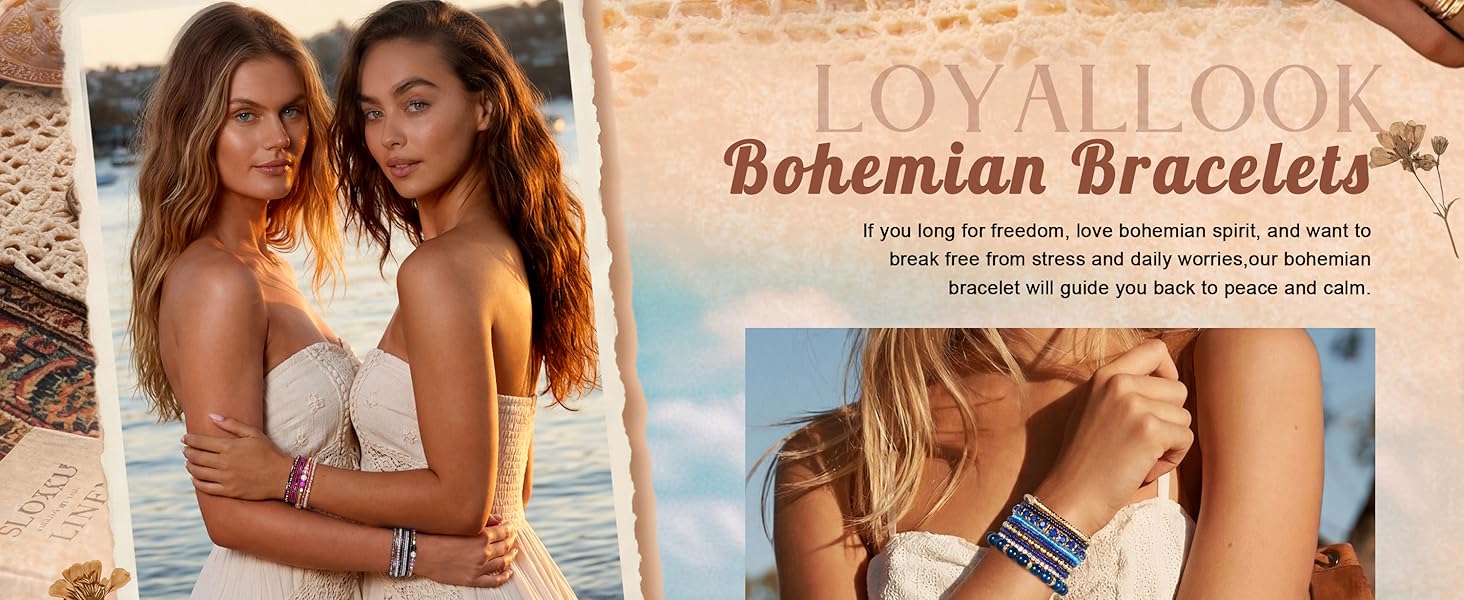 Bohemian Stackable Bead Bracelets for Women Stretch Bohemian Style Multilayered Boho Bracelet