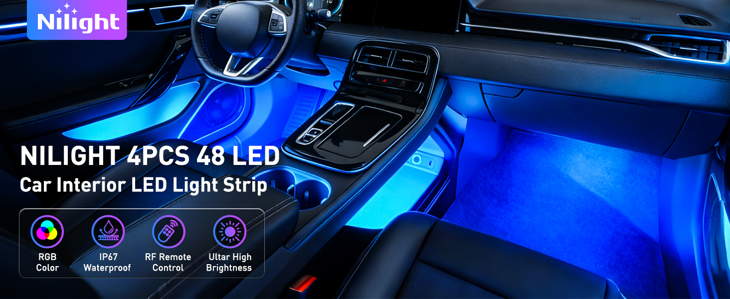 4PCS 48 LED Interior Lights DC 12V Multicolor Music Car Strip Light Under Dash Lighting Kit