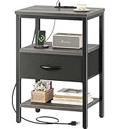 SUPERJARE Nightstand with Charging Station, Bed Side Table with Adjustable Fabric Drawer, Night S...