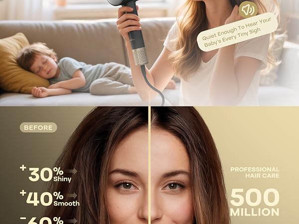 Quiet 51dB low-noise hair dryer used by woman while baby sleeps