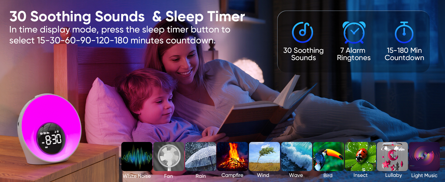 Text reads: '30 Soothing Sounds &amp; Sleep Timer'. Interface showing various sound options with icons including nature sounds, white noise, and sleep timer functions.