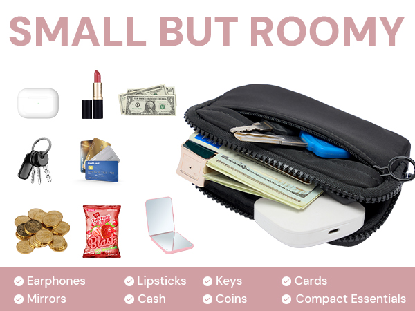 Small wristlet wallet fits cash, cards, lipsticks, keys, and compact essentials