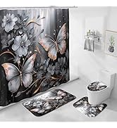 Litabel 4 Pcs Grey Gold Floral Butterfly Shower Curtain Set with Non-Slip Rugs, Modern Toilet Lid...