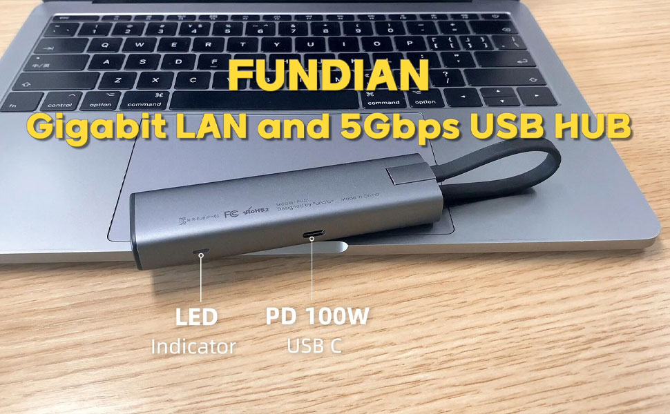 FUNDIAN Type C to Gigabit Lan Adapter 5Gbps USB3.0 Multi port HUB