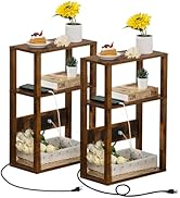 YUFAM Brown 3-Tier Narrow Wood end Table with Charging Station (2PCS) Brown