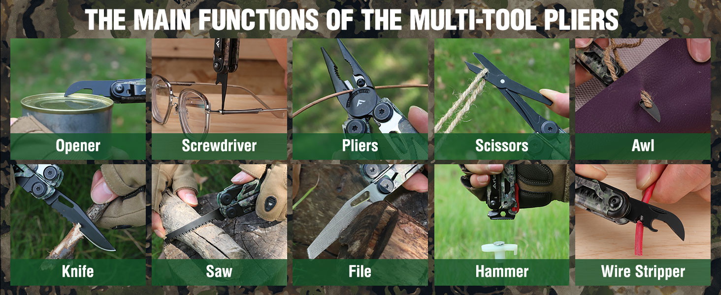 FLISSA Multitool, 18 in 1 Camo Multitool Pliers with Fire Starter, Window Breaker