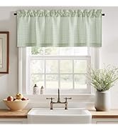 NICETOWN Sage Green Linen Checkered Kitchen Valances for Windows 18 Inch Length for Cafe Living R...