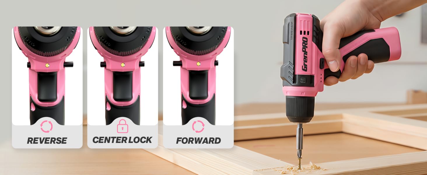 Cordless drill, showcasing forward/reverse rotation switch with center lock function