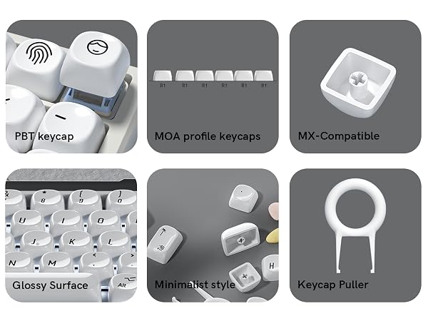 White PBT Keycap Set,Glossy Custom Keycaps Ceramic Style, Dye Sublimation 131-key,MOA Profile Keycap