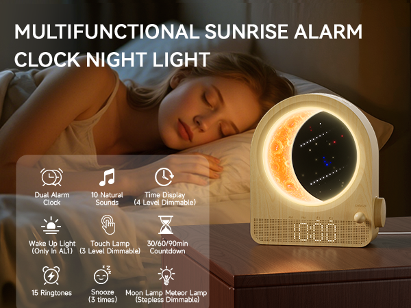 Multifunctional sunrise alarm clock with night light feature. Circular display shows moon phase, time. Icons indicate dual alarm, natural sounds, touch lamp, and snooze functions.