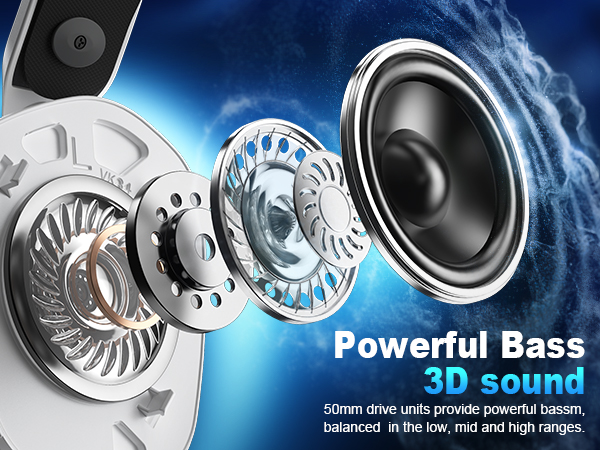 Text reads 'Powerful Bass 3D sound'. Exploded view diagram of speaker components on blue background showing internal mechanical parts.