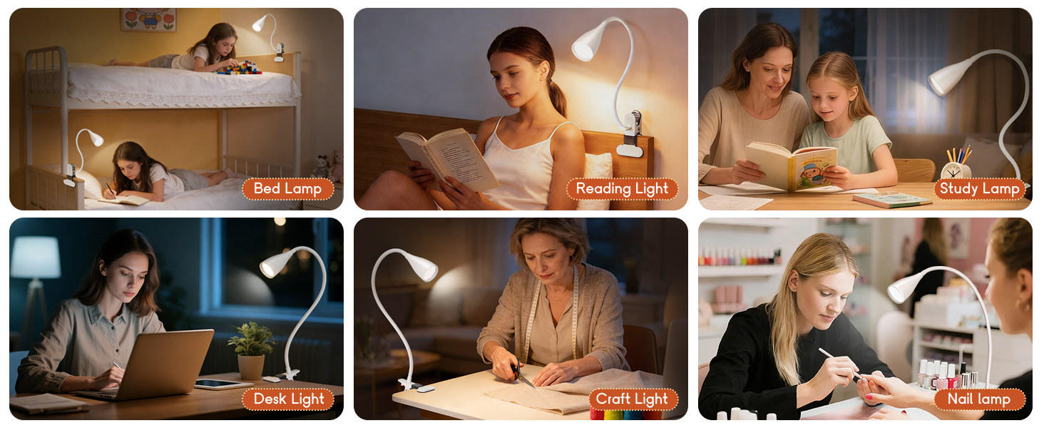 Clip on Light Reading Light for Bed Headboard LED Desk Lamp with Clamp for Bedside Bedroom Table
