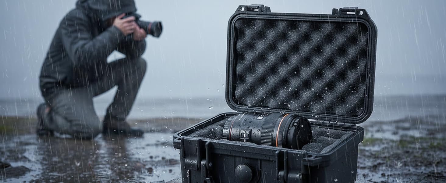 Series of images showing water-resistant protective case being tested in wet conditions. Black foam-lined protective case with equipment inside.