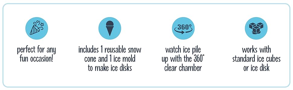 perfect for any occasion, icludes 1 reusable snow cone and 1 ice mold, works with ice cubes