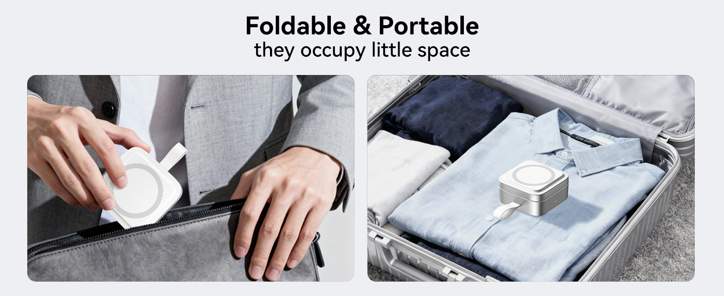 Text reads 'Foldable &amp; Portable', 'Ultra-Thin Design'. Split panel showing hands holding folded travel organizer and organized compartments with various items.