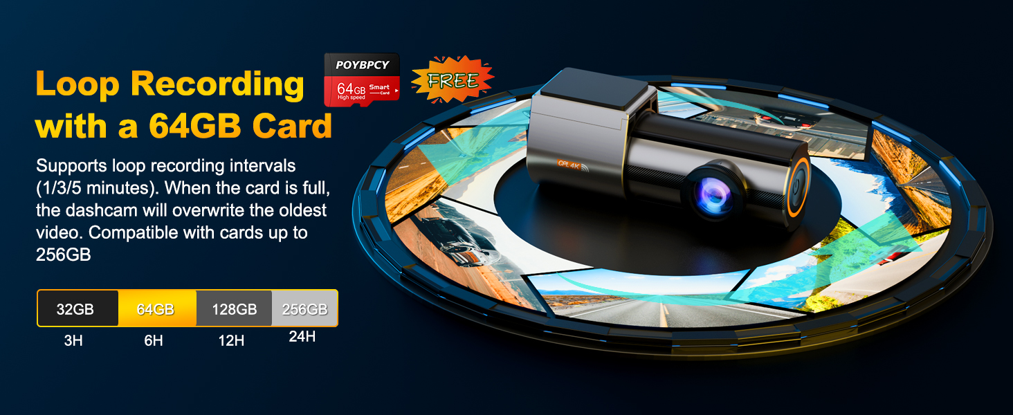 Digital display for a loop recording device with 64GB card. Shows features including 1536P resolution, 24/7 recording, and night vision capabilities.