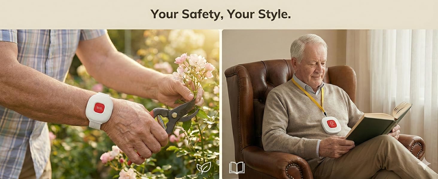 - SOS panic button for seniors with wearable wristband and neck lanyard.