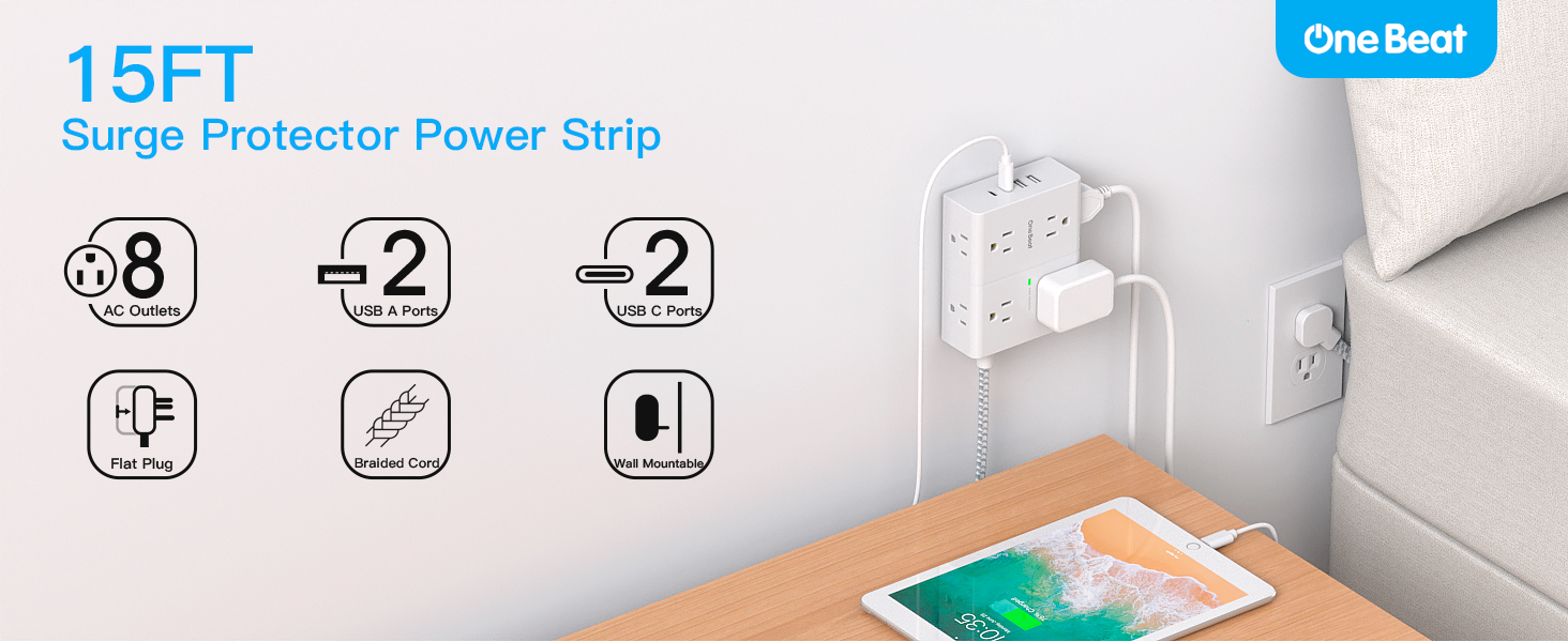 Surge protector power strip 15 ft long cord