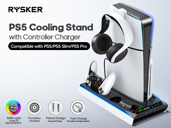 Text reads 'RYSKER PS5 Cooling Stand with Controller Charger Compatible with PS4/PS5/PS5Pro'. Sleek white gaming console stand with controller charging dock and LED lighting.