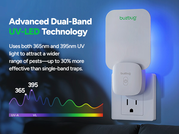 Dual-Band UV-LED Attraction: The Buzbug indoor fly trap uses 365nm and 395nm dual-band UV light