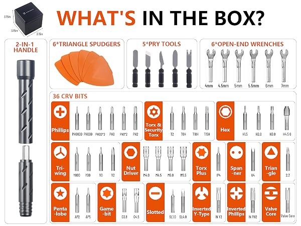 55-in-1 electronics repair kit with 36 CR-V bits, wrenches, pry tools and 2-in-1 handle