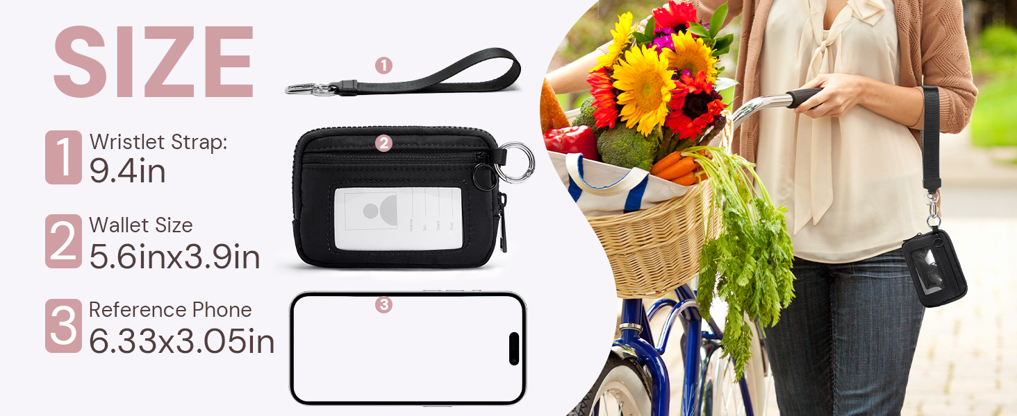 Black wristlet keychain wallet with strap – size comparison with phone, for women