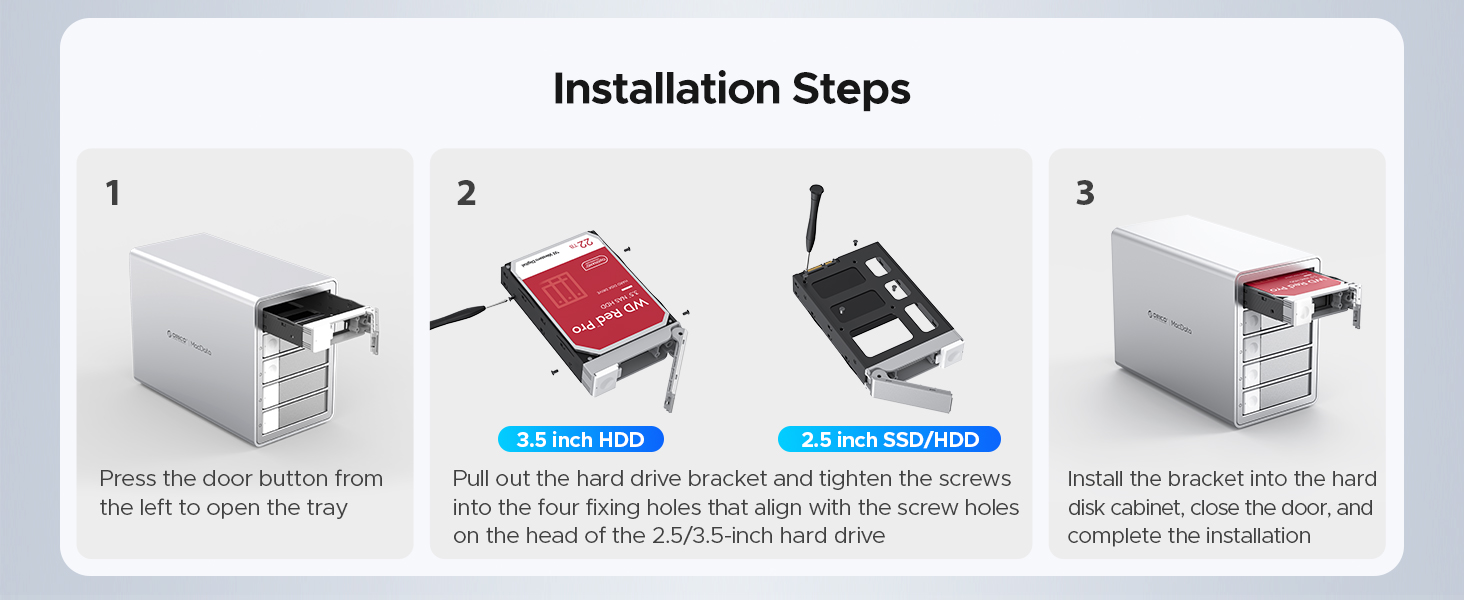Three-step installation guide showing the process of inserting and connecting what appears to be an electronic component or card.