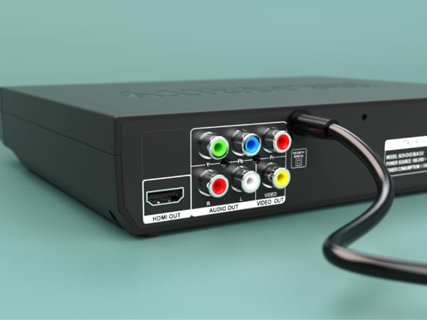 Back of hdmi dvd player showing following ports: HDMI out, audio out, video out and power cable