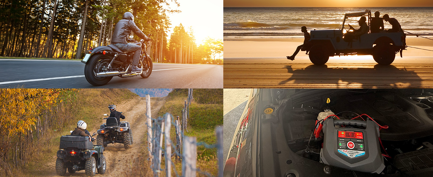 Schumacher battery charger for motorcycles, ATVs and off-road vehicles in use