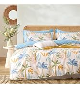 LEMIROE Tropical Coastal Blue Cotton Comforter Queen Size 3Pcs - Bright Orange, Olive Green &amp; Bei...