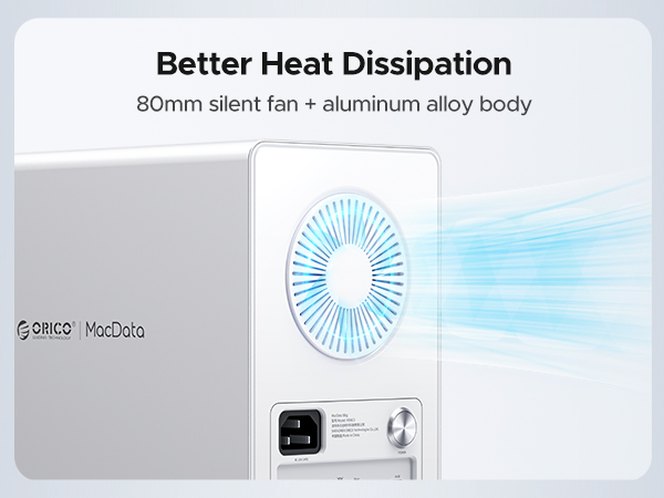 Product advertisement showing an 80mm silent fan with aluminum alloy body, featuring heat dissipation technology and airflow visualization.