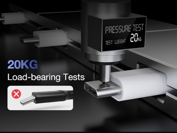 Text reads "20KG Load-bearing Tests" and "PRESSURE TEST 20KG". Industrial testing equipment with pressure gauge and load-bearing test apparatus demonstrating 20kg capacity with prohibition symbol.
