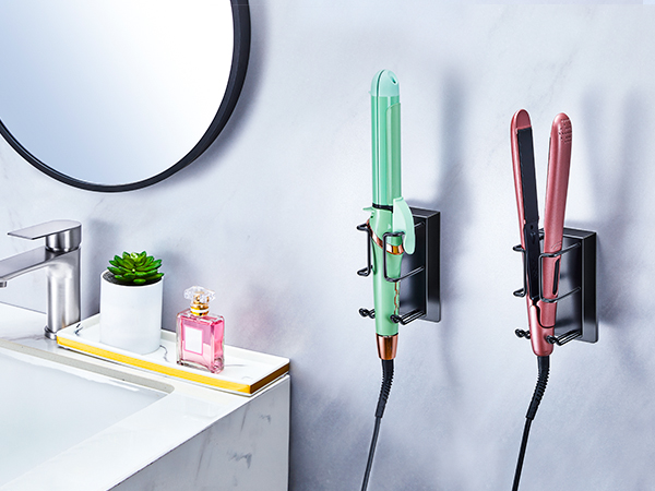 Series of images showing wall-mounted toiletry organizer system with toothbrush holders and storage compartments. Clean, minimalist bathroom installation.