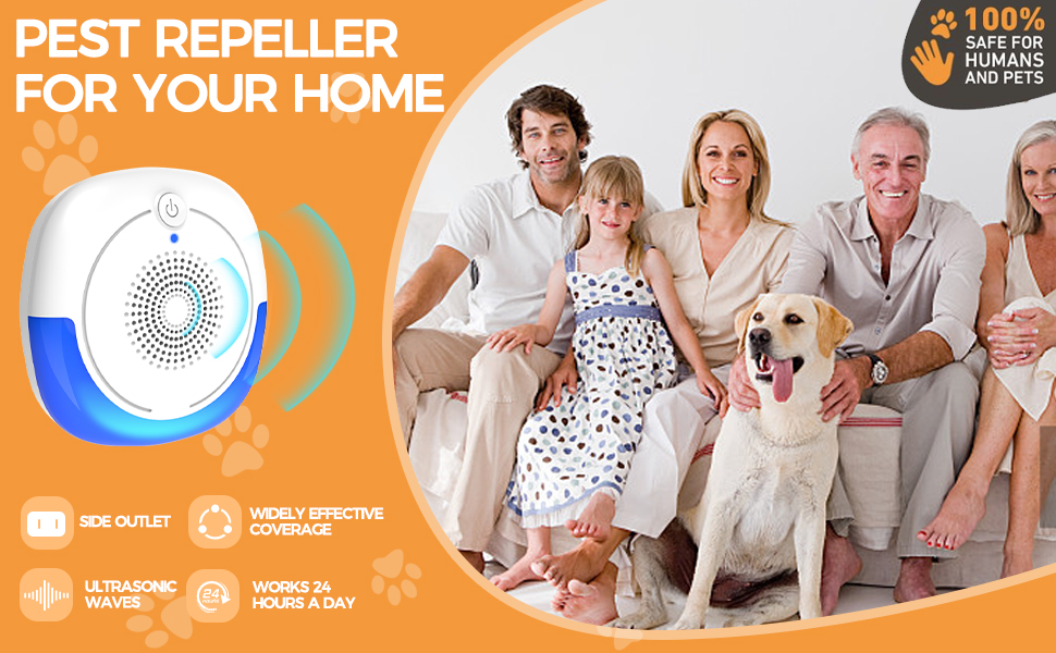 Ultrasonic sound waves to repel pests like mice, roaches, mosquitoes, and ants from your home.