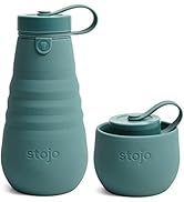 Stojo Collapsible Water Bottle – Eucalyptus Teal, 20oz / 592ml - Leak-Proof Reusable Silicone Tra...