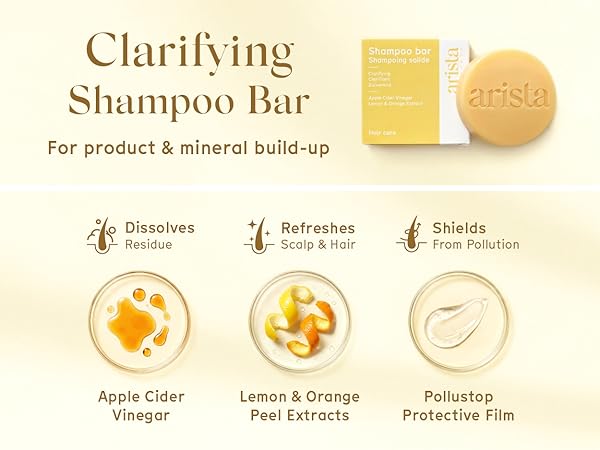 Text reads 'Clarifying Shampoo Bar For product &amp; mineral build-up'. Features three icons showing Apple Cider Vinegar, Lemon &amp; Orange Peel Extracts, and Protective Film ingredients.