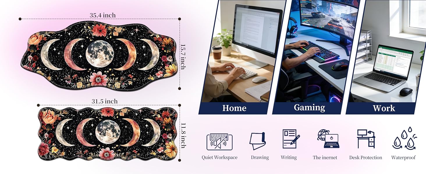 Two sizes of moon phase desk mats, 35.4x15.7 and 31.5x11.8 inches, for home, gaming, and work use.