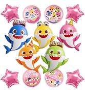 PartyWoo Baby Shark Family Foil Balloons 13pcs Baby Shark Family Pink Round Star Mylar Helium Bal...
