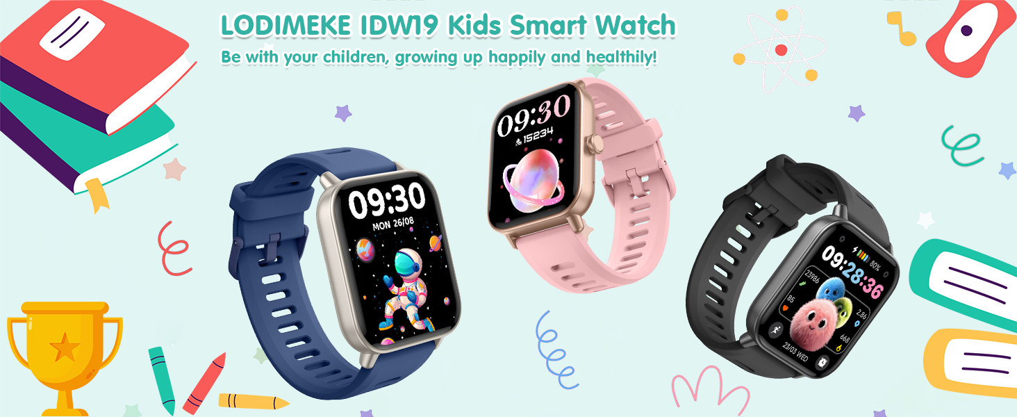 Text reads 'UDINOFF U909 Kids Smart Watch'. Promotional image showing colorful smartwatches in blue and pink, surrounded by educational icons and trophy graphics.