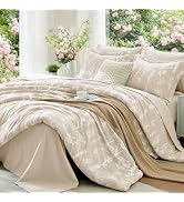MUXHOMO Beige Bed in a Bag Queen 7 Pieces, Queen Comforter Set Reversible Botanical Flowers Desig...