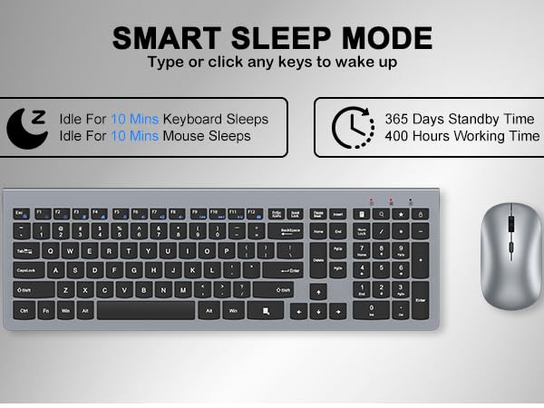 Wireless Keyboard and Mouse Combo, Ultra-Slim Full Size Silent Ergonomic Keyboard Mouse