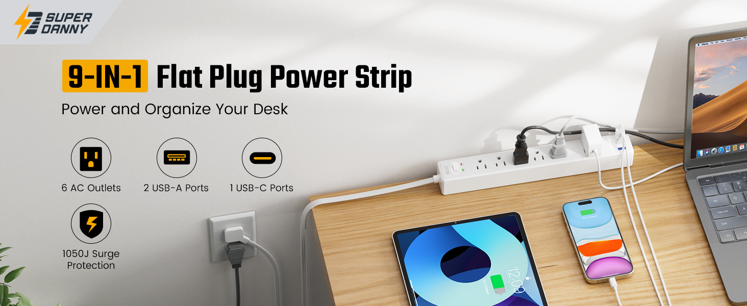 SUPERDANNY Surge Protector Power Strip Flat Plug