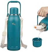 Insulated Water Bottle with Handle and Strap,Vacuum Travel Tumbler with Cup Lid,Thermo Coffee Cup...
