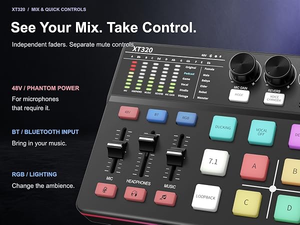 XT320 faders, mute buttons, 48V power, Bluetooth input and RGB controls.