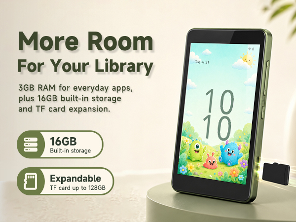 Sage green G4 with 3GB RAM, 16GB built-in storage, and TF card expansion up to 128GB.