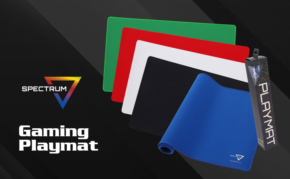 Spectrum Gaming Playmats shown in multiple colors with a carrying case.
