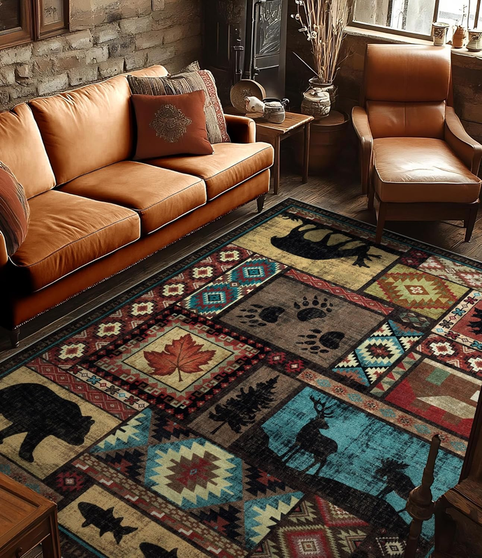 Rustic Cabin Area Rug 8X10,Machine Washable Lodge Bear Rug,Non-Slip Low Pile Print Pattern Southwestern Rug for Living Room Bedroom