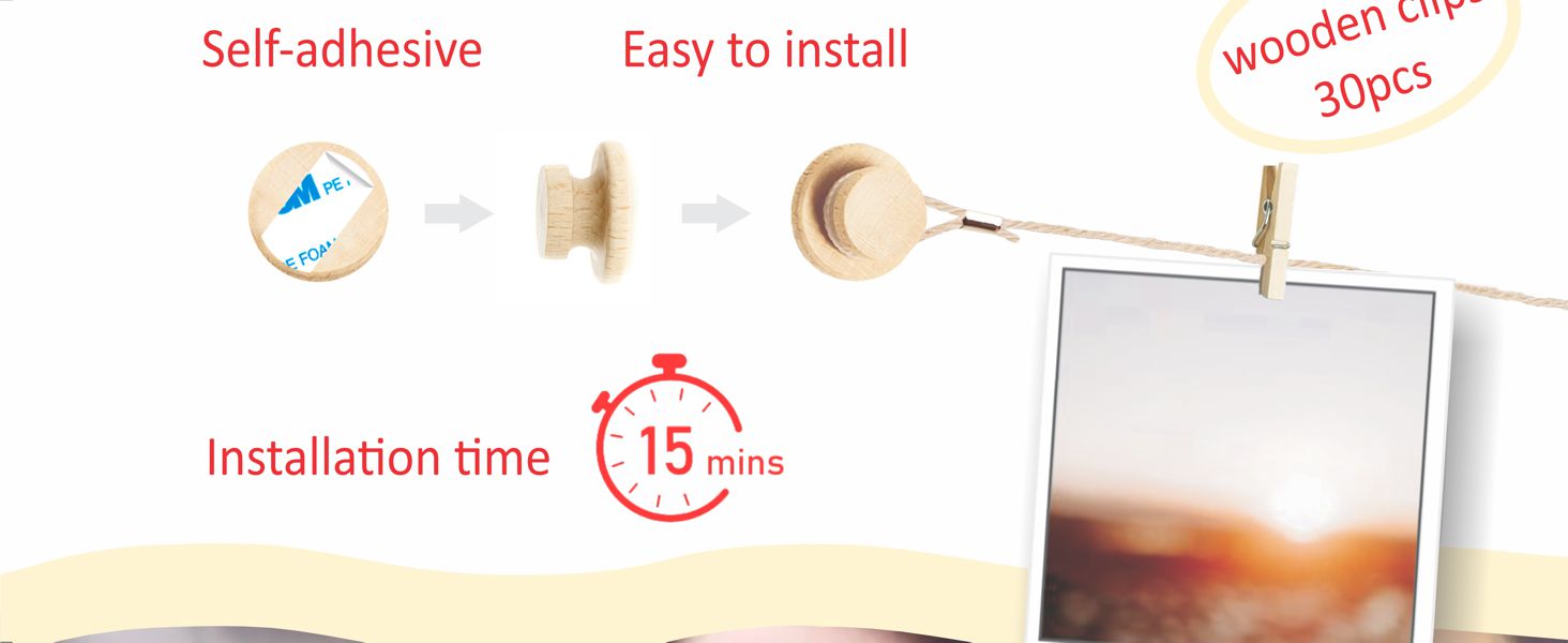 Hanging Photo Display Room Wall Decor - 5 Strings with 30 Clips - Sculptural Picture Frames Collage