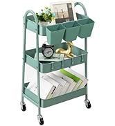 danpinera 3-Tier Rolling Cart, Metal Rolling Storage Cart with Lockable Wheels &amp; Hanging Cups &amp; H...