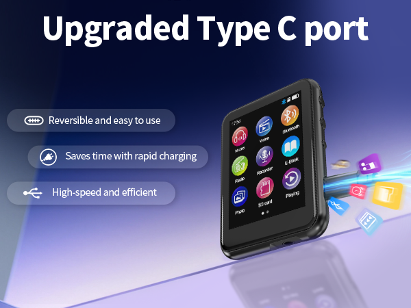 Text reads: 'Upgraded Type C port', 'Reversible and easy to use', 'Saves time with rapid charging', 'High-speed and efficient'. Shows device with screen displaying app icons against purple gradient background.